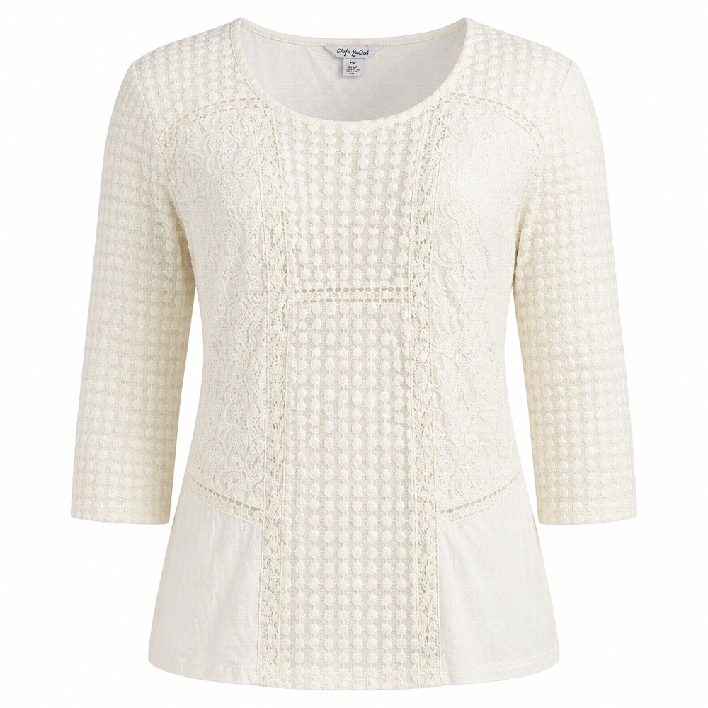 Lucky Brand Ivory Lace Peplum Top 3/4 Sleeve Boho Eyelet Blouse 1X
